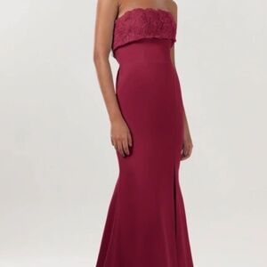 Women’s strapless formal maroon red long dress with flower detail